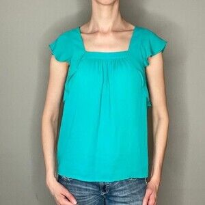 Anthro Meadow Rue Fly Away Blouse Teal Ruffle Pleated Sleeveless Size 4